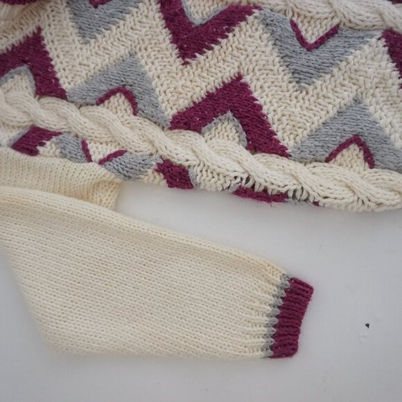 Vintage Clovelly Cream w Maroon Geometric Shape Cable Knit Turtleneck Sweater M - Picture 8 of 10